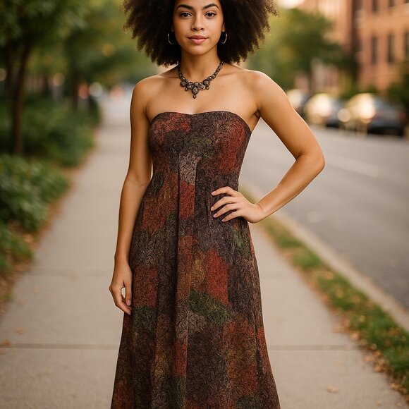 Vintage Dresses & Skirts - VINTAGE Psychedelic Strapless Maxi Dress S Trippy Festival Peacock Feathers Mod
